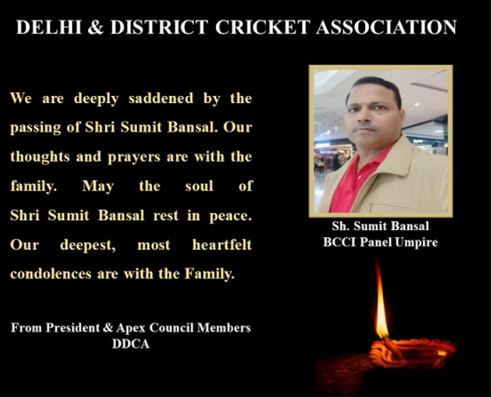 Delhi and District Cricket Association affiliated umpire Sumit Bansal passes away at the age of 46