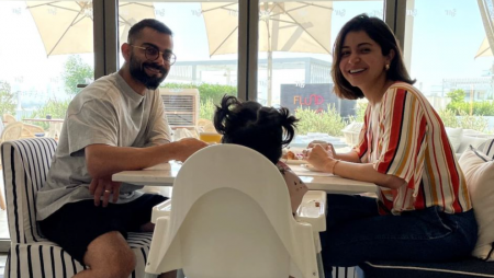 Indian skipper Virat Kohli shared an adorable photo enjoying breakfast with his wife Anushka Sharma and their daughter Vamika