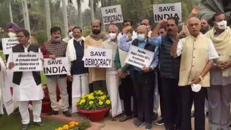 120 Rajya Sabha MPs are protesting the suspension of 12 members of the opposition.