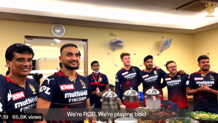 RCB celebrate their victory over RR with a one-of-a-kind team victory song in the locker room.