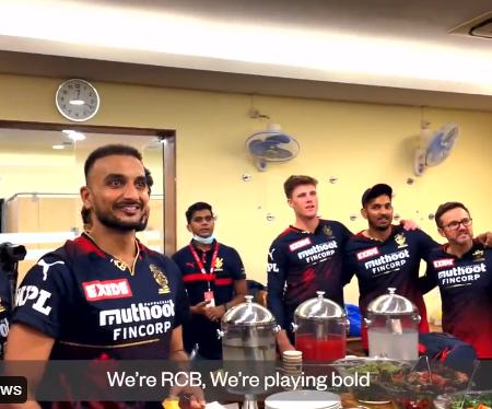 RCB celebrate their victory over RR with a one-of-a-kind team victory song in the locker room.