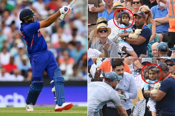 A young girl in the crowd is struck by Rohit Sharma’s shot.