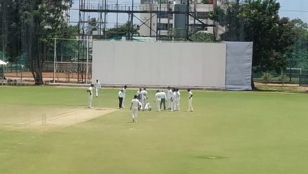 Venkatesh Iyer is hit on the neck by Chintan Gaja’s throw and limps off the field in pain.