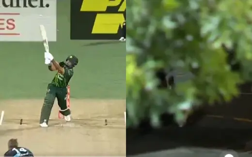 A fan jokingly runs away with the ball after Fakhar Zaman’s six falls outside the stadium.
